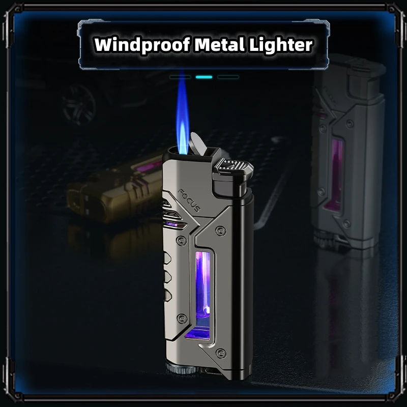 New Outdoor Windproof Metal Mecha Inflatable Lighter With LED Lights and Visible Fuel Tank Cigar Lighter Accessories Men's Gifts