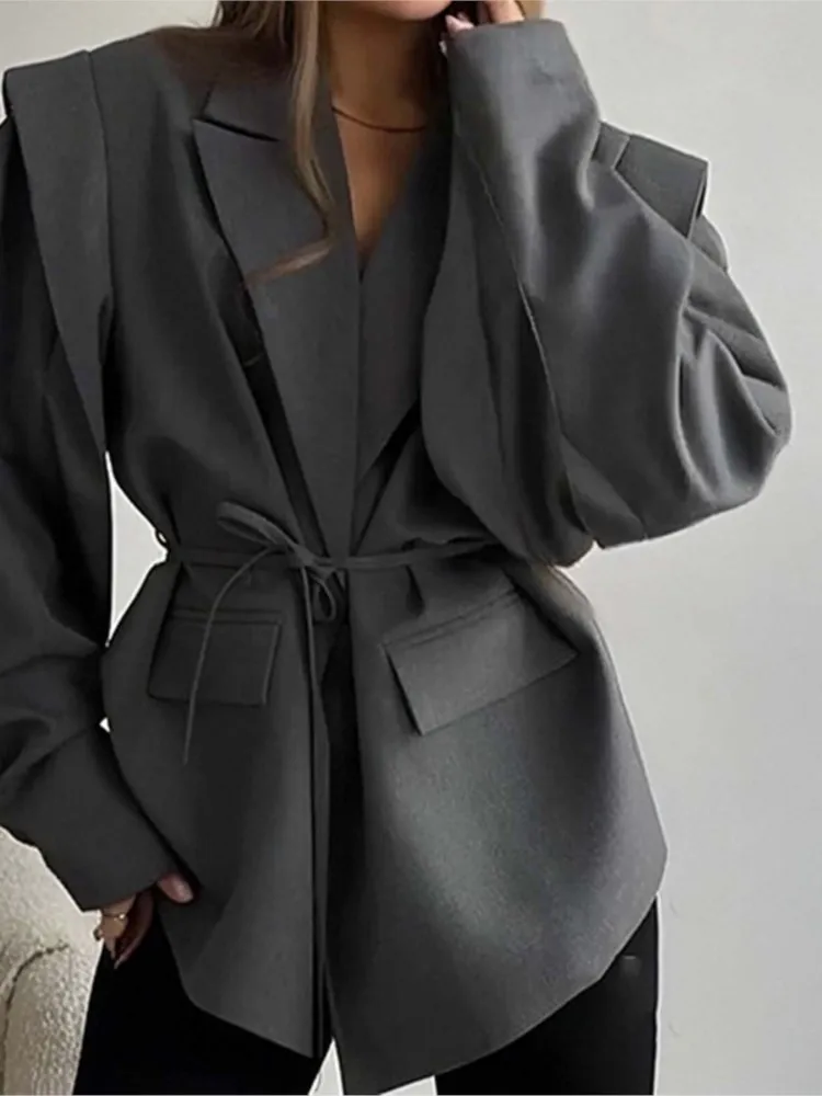 Fashion Tailored Coat For Women Elegant Solid Long Sleeve V Neck Lace-up Suit Costs Tops Lady Office Women's Clothing Autumn New