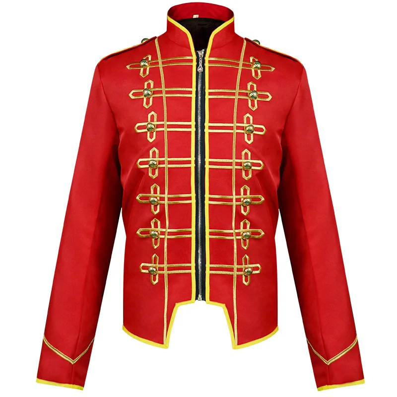 Mens Steampunk Military Drummer Parade Jacket Vintage Red Medieval Gothic Blazers Victorian Frock Coat Uniform Party Halloween