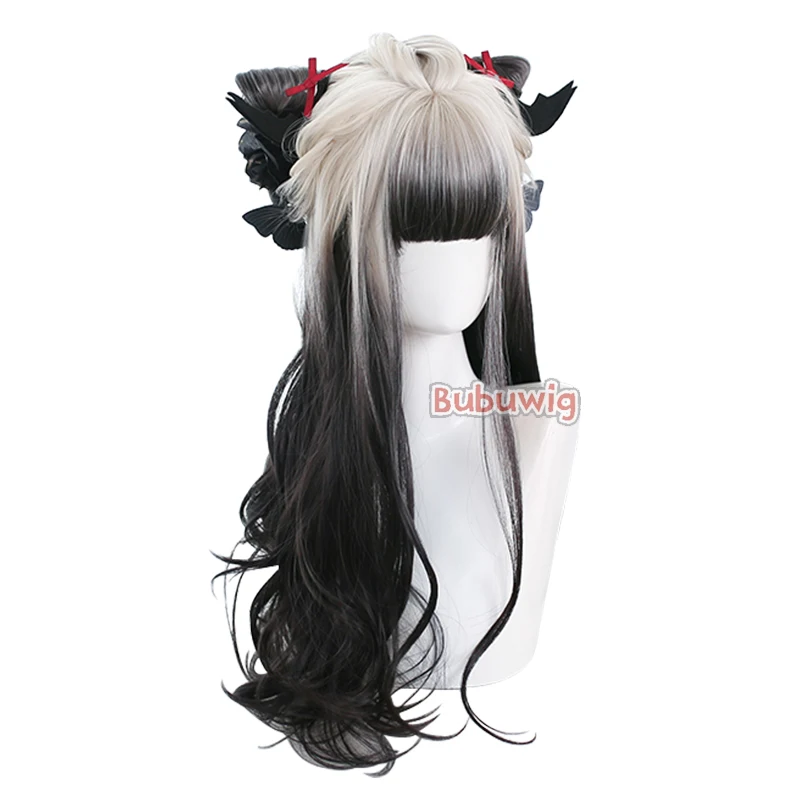 Bubuwig Synthetic Hair 89 Colors 60cm Long Curly Mixed Color Lolita Wig Ivory Gradient Black Wigs With Flat Bangs Heat Resistant