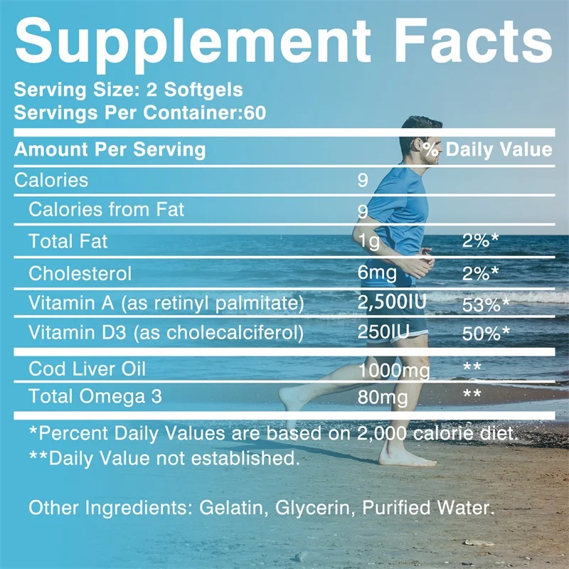 كبسولات زيت كبد سمك القد، غنية بفيتامين أ ود، تساعد على الحفاظ على البشرة الصحية والدماغ والعظام القوية وتحسين الذاكرة