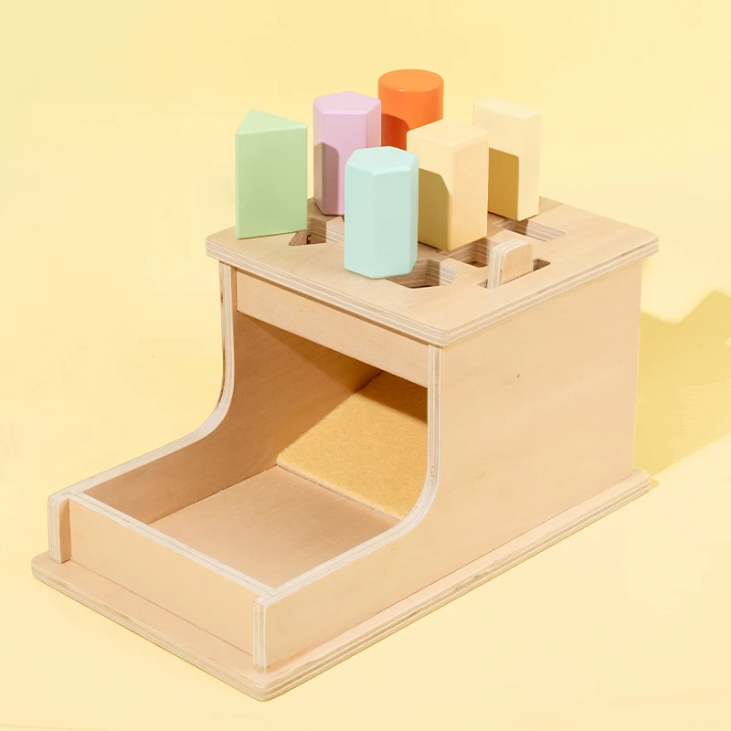 Wooden Shape Matching Toy Box with assorted colorful blocks helps children develop early hand-eye coordination and shape recogni