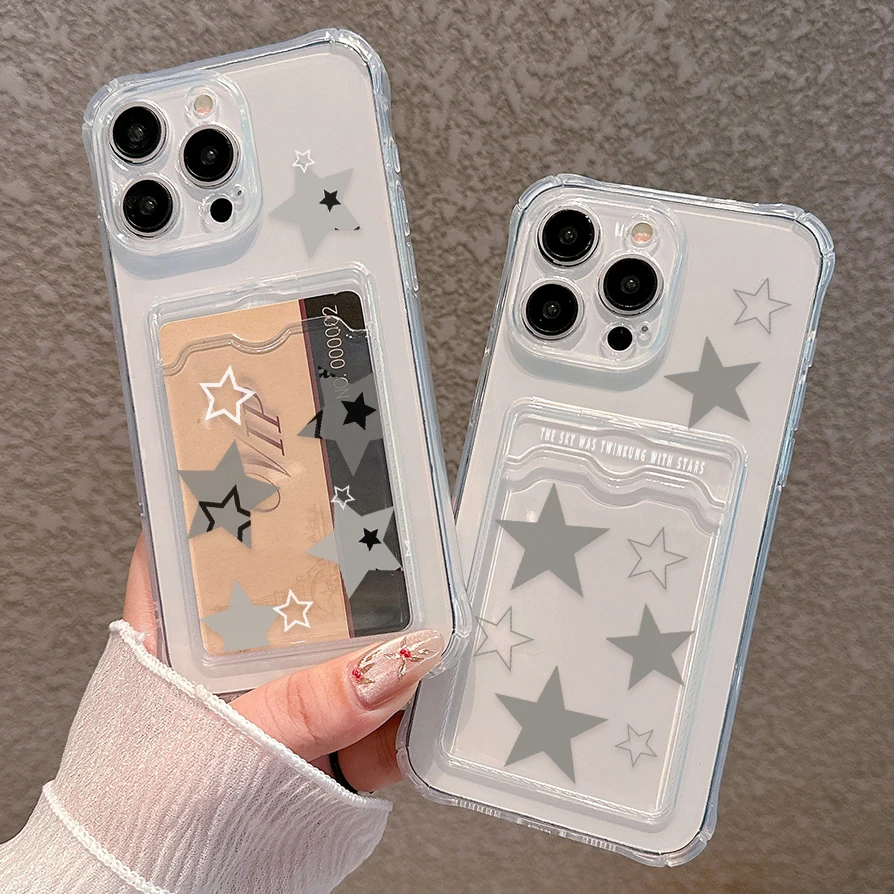 Korean INS Transparent Star Card Hold Phone Case For Samsung S24 S23 S22 S21 S20 FE Plus Ultra M33 M53 M54 5G Luxury Clear Cover