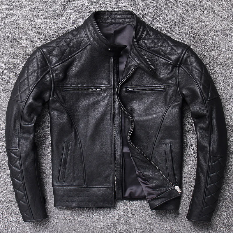 

Мужская мотоциклетная куртка из натуральной кожи с верхним слоем из воловьей кожи или Sle Harlequin с воротником-стойкой, облегающая модная городская повседневная одежда