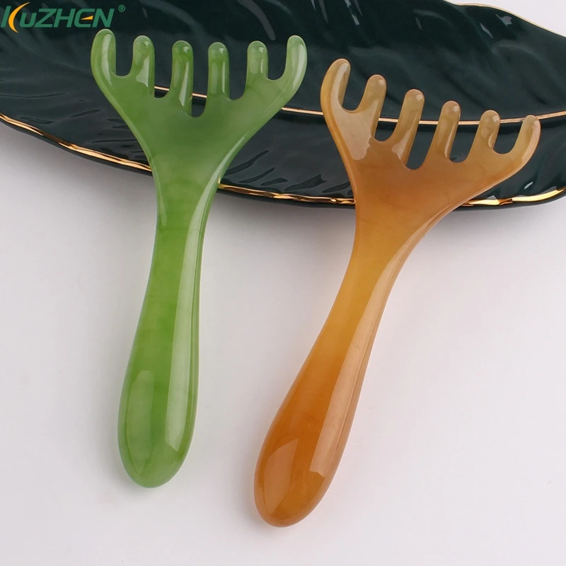 Resin Antler Wide Tooth Long Handle Comb Meridian Massage Anti-static Head Six Claw Massager Promote Blood Circulation