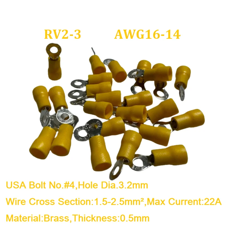 RV2-3 M3 Per 50Pcs Wire Insert 1.5-2.5mm² Crimp Terminal  AWG16-14 Insulated Ring Terminal Tubular Cable Lug Starfix Connector