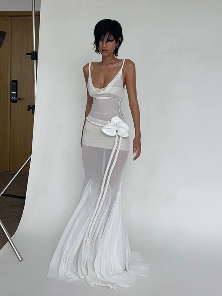 

InGrily Sleeveless See Through Waistband+Mesh Maxi Dress Women Swing Collar Backless Summer Trend Clubwear Beach Party Vestidos