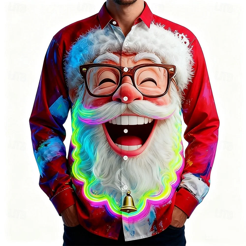 Weihnachten Herrenhemden Lustiges Weihnachtsmann Gesicht 3D-Druck Lässige Langarmhemden Mode Revers Tops Neujahrsgeschenk Hemd für Männer