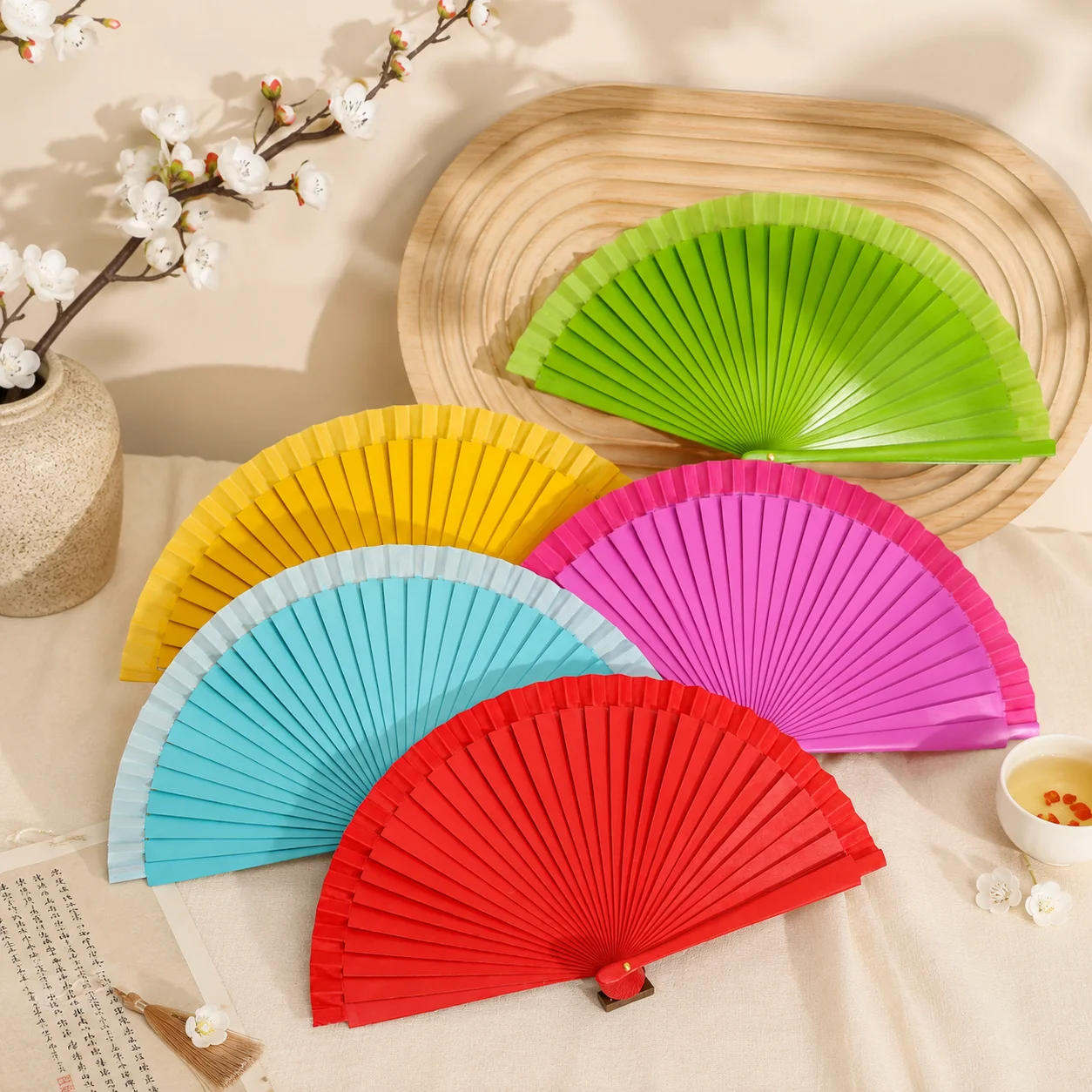 Folding Fan Classical Simple Spanish Solid Color Pure Wood Handmade Art Craft Decorative Prop Home Indoor Party Wall Ornament