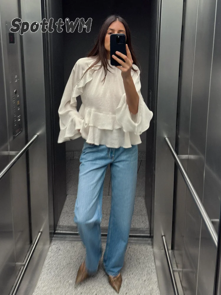 Fashion Temperament Women Ruffle Edge Blouse Chic Stand Up Collar Long Sleeved Shirt Top 2025 Spring New Elegant Lady Short Tops