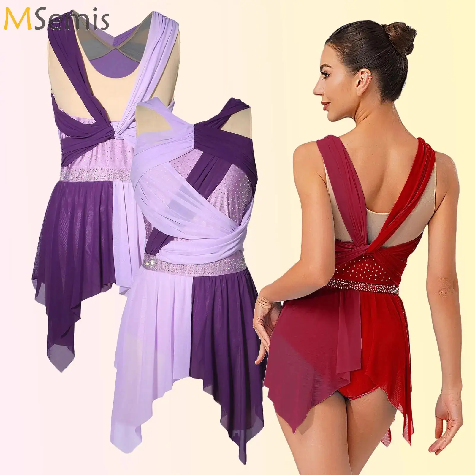 

Womens Rhinestone Lyrical Dance Dress Color Block Mesh Ruched Irregular Hem Leotard Dress Ballet Modern Performance Dancewear