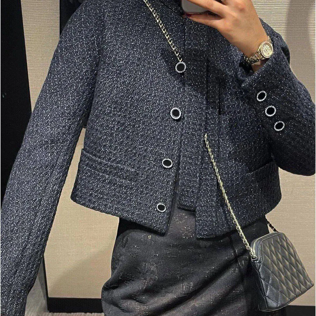 2024 New Autumn Vintage Black Plaid Tweed Jacket Women Lace-up Stand Long Sleeve Pockets Buttons Sweet Retro Short Design Coat