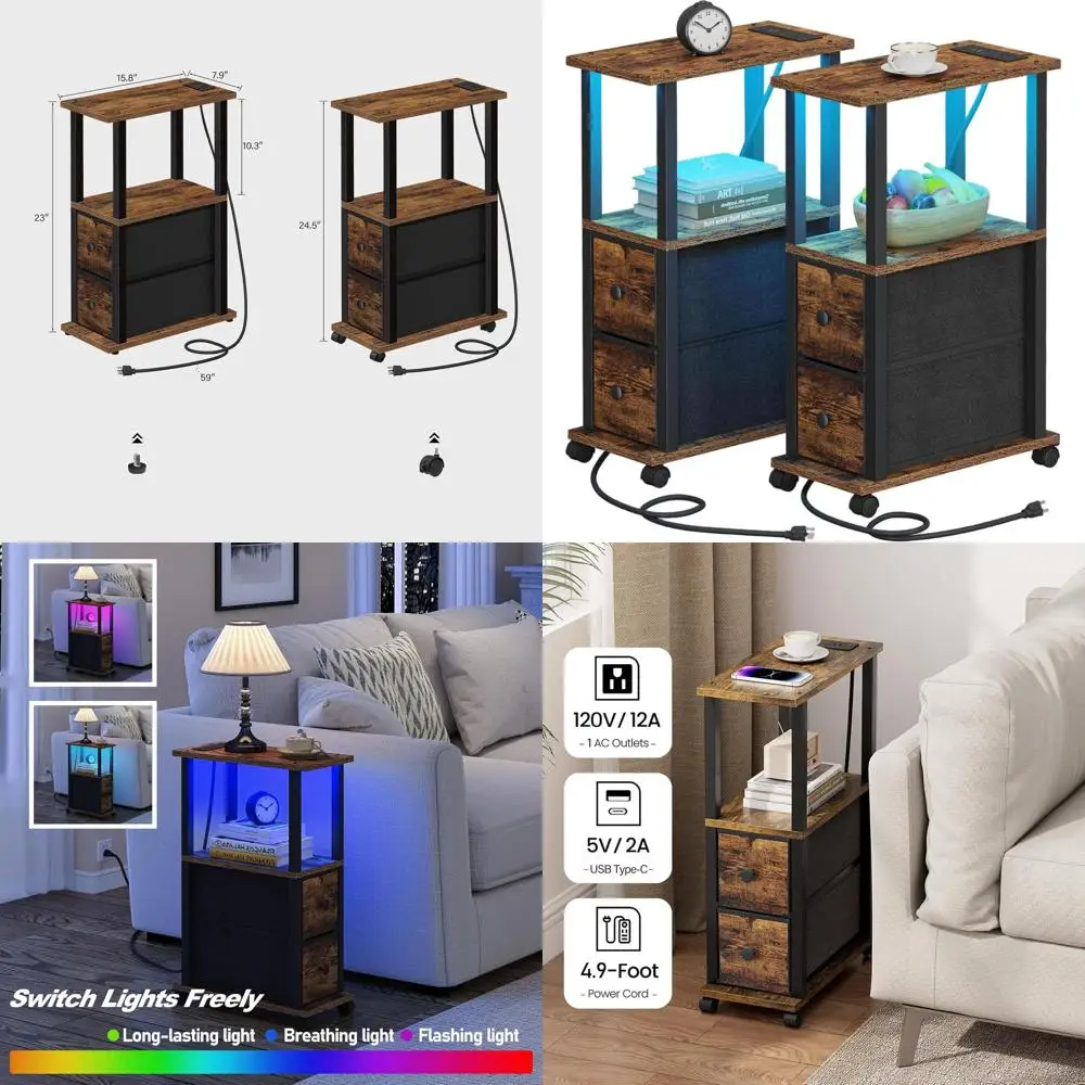 

Компактные светодиодные прикроватные тумбочки с тканевыми ящиками, набор из 2 штук, прикроватные тумбочки с зарядными портами, идеально подходят для небольших помещений, стильные и элегантные.