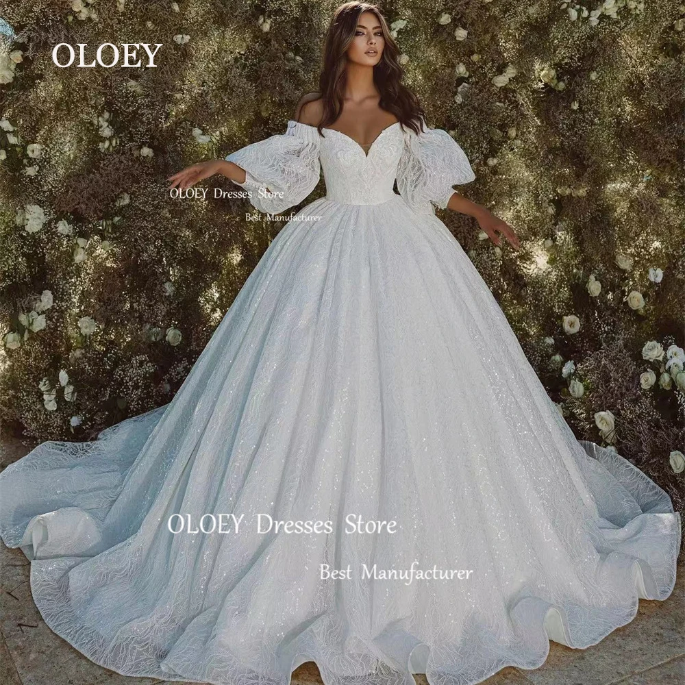 

OLOEY Sweetheart Ivory Glitter Lace Wedding Dresses Off Shoulder Bridal Gowns Vestido De Noiva Zipper Back Ball Gown Custom Made