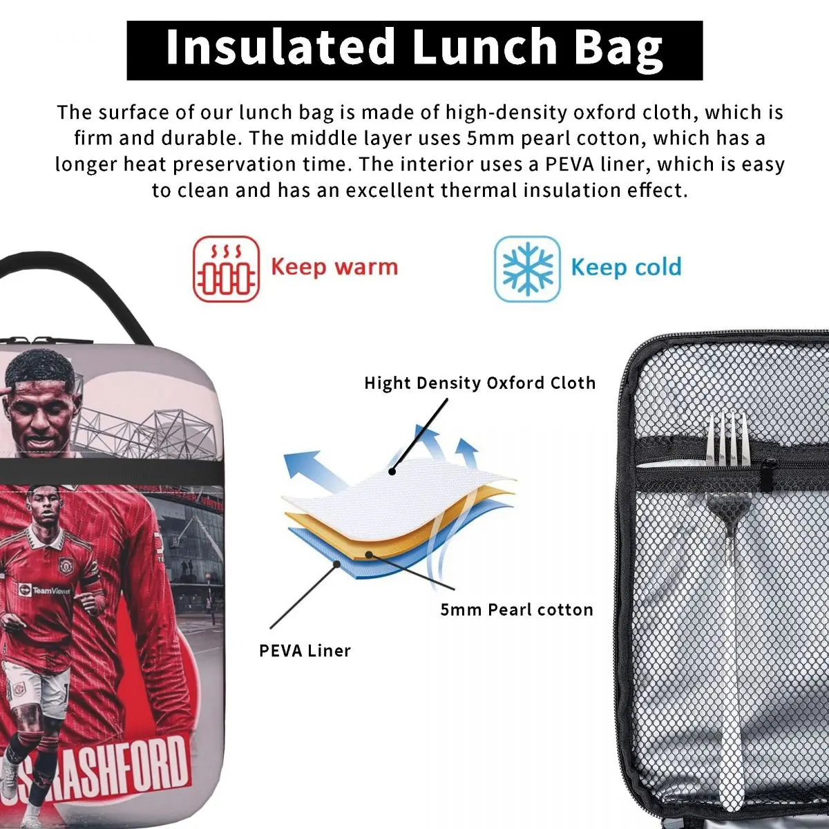 Marcus Rashford New Goal Celebration Insulated Lunch Bag for Women Kids Leakproof Food Boxes Thermal Lunch Box Tote