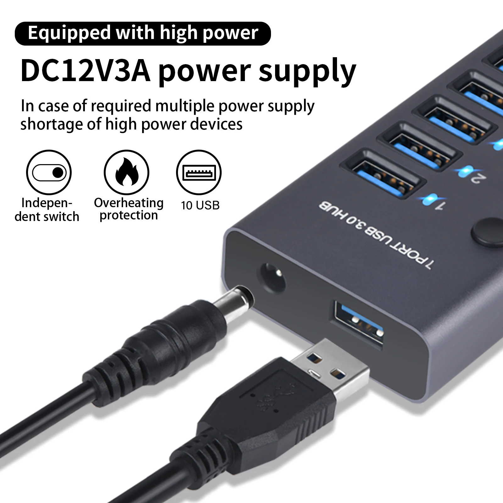 Imagem -04 - Hub Usb de Metal com Botão Interruptor para pc Multi Splitter Adaptador de Energia Portas Expansor Múltiplo Usb 3.0 Hub 2.0