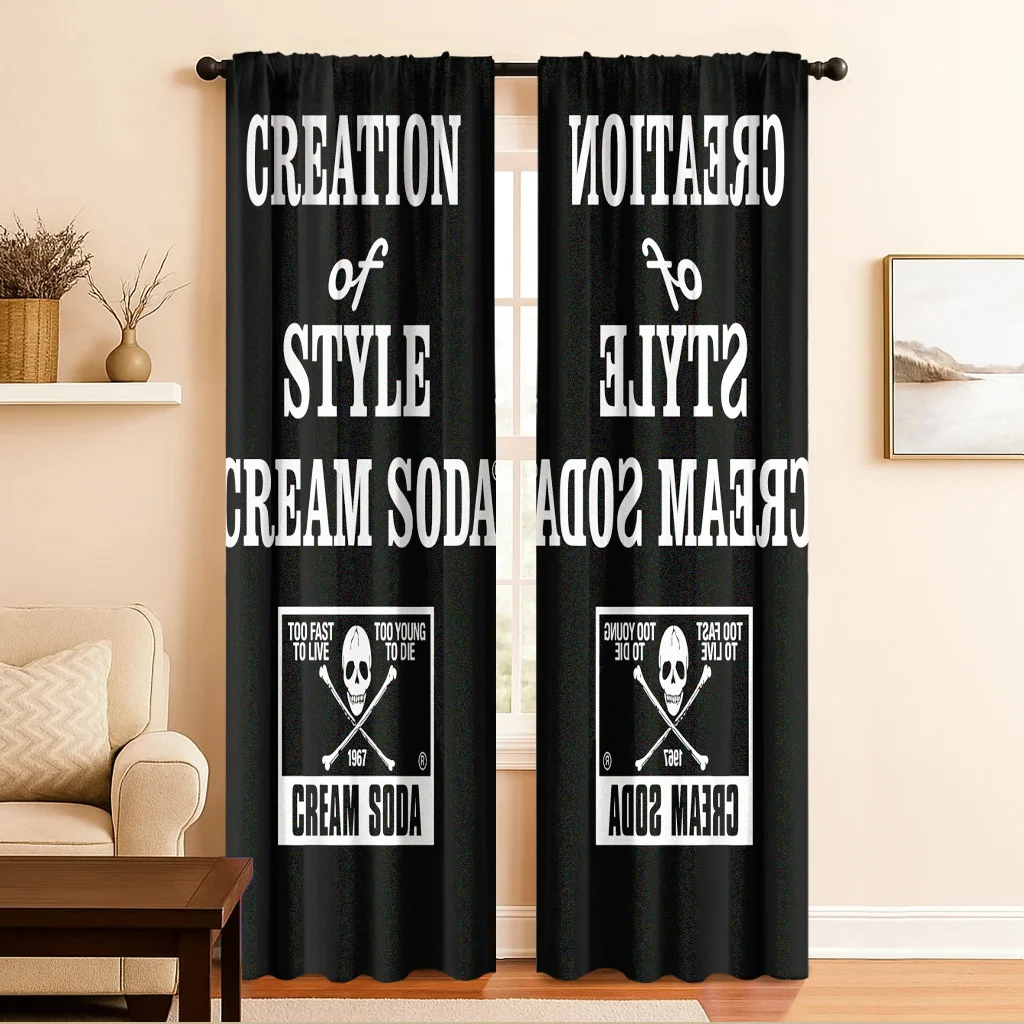 Black Vintage Typography Curtain, Retro Slogan Print Drape, Skull Graphic Window Treatment for Living Room Bedroom Home Decor