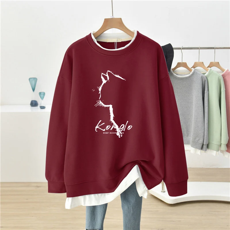 DAYIFUN-Übergroße Hoodies Frauen O-Ausschnitt Sweatshirts Cartoon Print Tops Plus Größe gefälschtes zweiteiliges Design Frühling Herbst neue 2024 Top