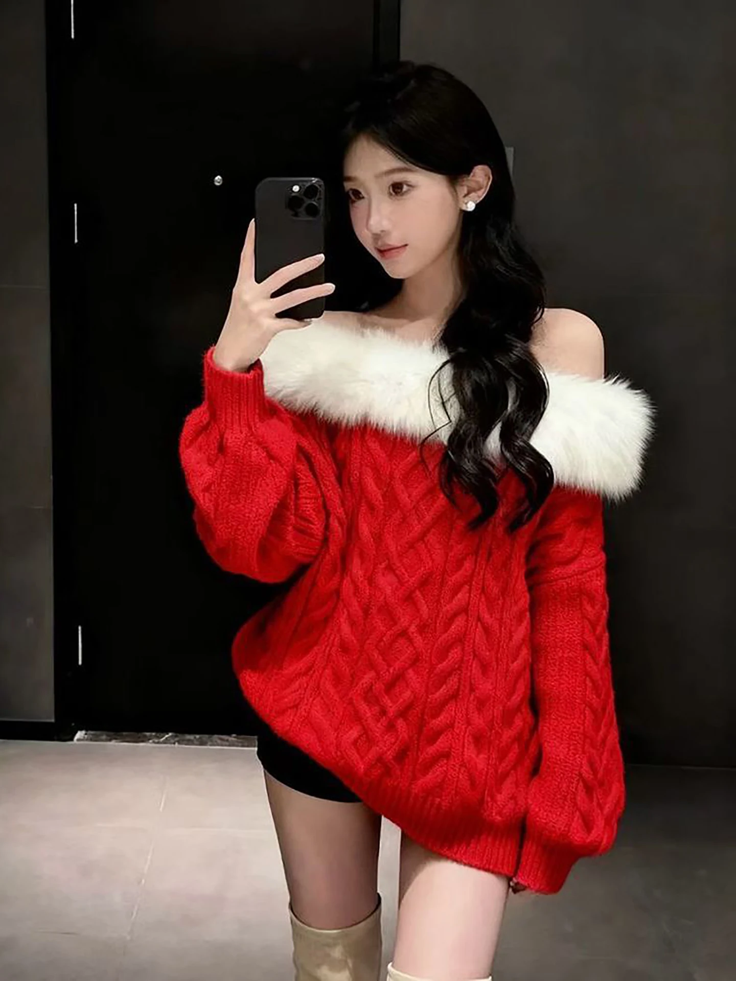 

Red Fur Collar Knitted Sweater Women's Autumn Winter Long Sve Twist Flower Design Comfortable Soft Sle Casual Faion Top