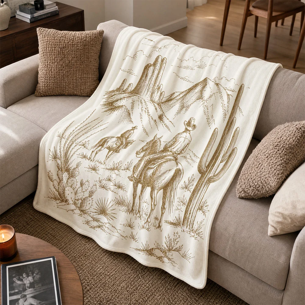 Vintage Western Boho Throw Blanket Sofa Accent Decor Desert Landscape Line Art Cactus Cowboy Horse Throw for Cozy Home Living Ro