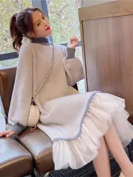 Autumn Winter Thickened Half High Neck Knitted Dress Spliced Lace Style Over Knee Mid Length Loose Underlay Woolen Dresses