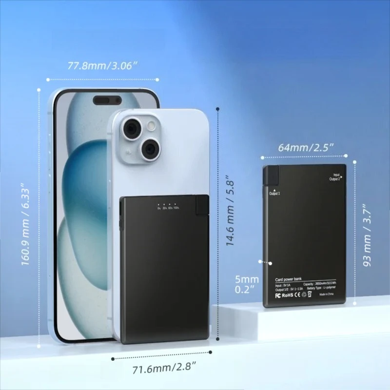 초슬림 휴대용 보조배터리 5mm 2650mAh 경량 포켓 충전기 (내장형 타입C & AP 케이블 포함, 고속 충전)