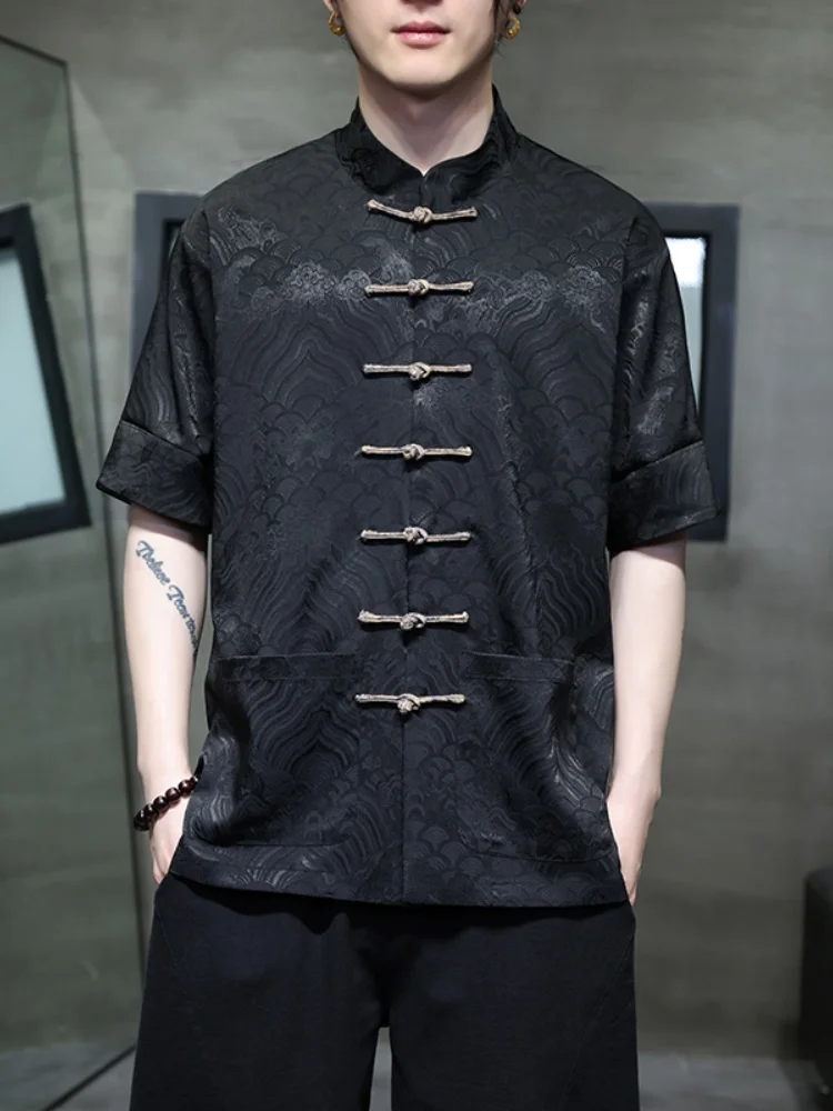 

New Chinese Sle Men's irt Summer Thin Ice Silk ort Sve Button up Floral Embroidery Tang Costume Hanfu Casual Loose Fit