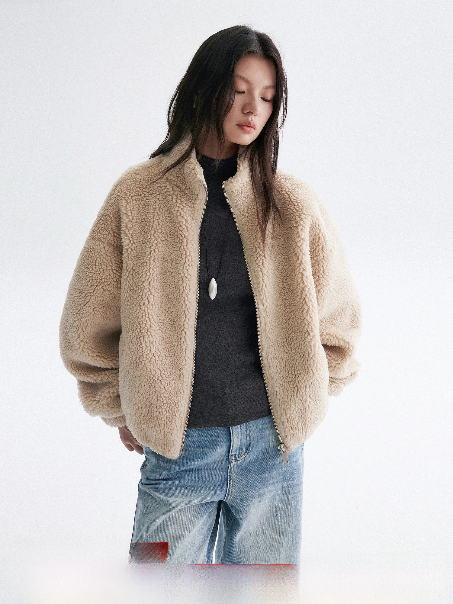 

Bymolycho Women's Loose Fit Lamb Fur Jaet Stand Collar Warmth Environmental Protection Autumn Winter Outerwear Coat