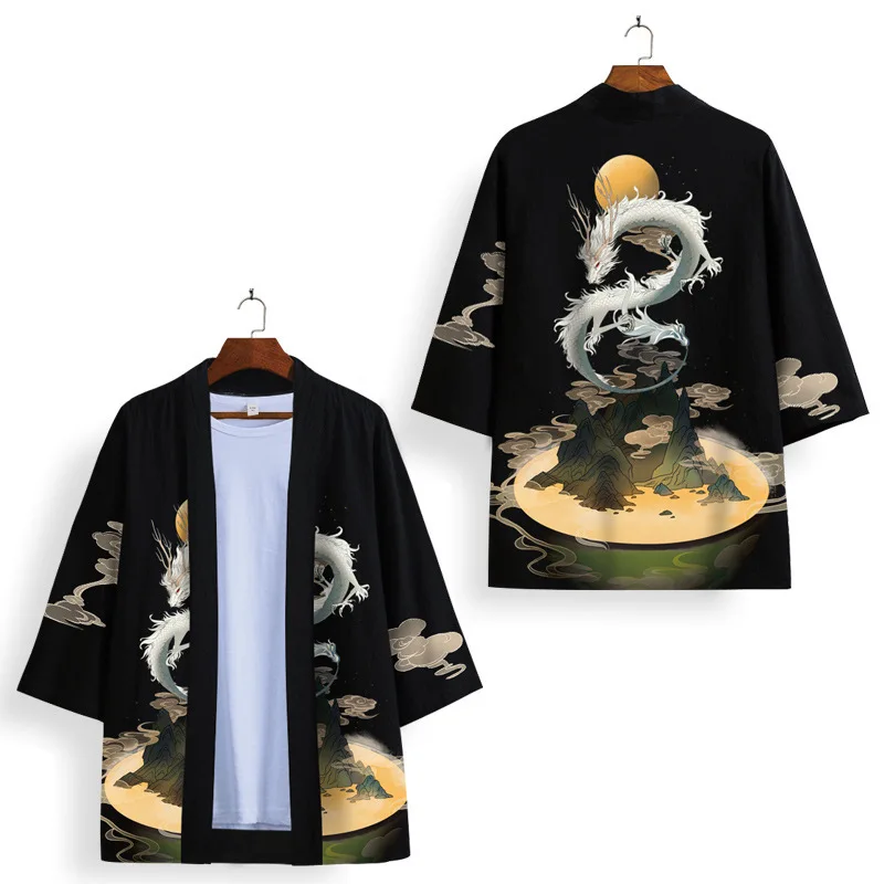 Dragon Print Chinese Style Casual Open Stitch Coat Men Summer Cloak Women Oversized Streetwear Tops Plus Size 3XL 4XL 5XL