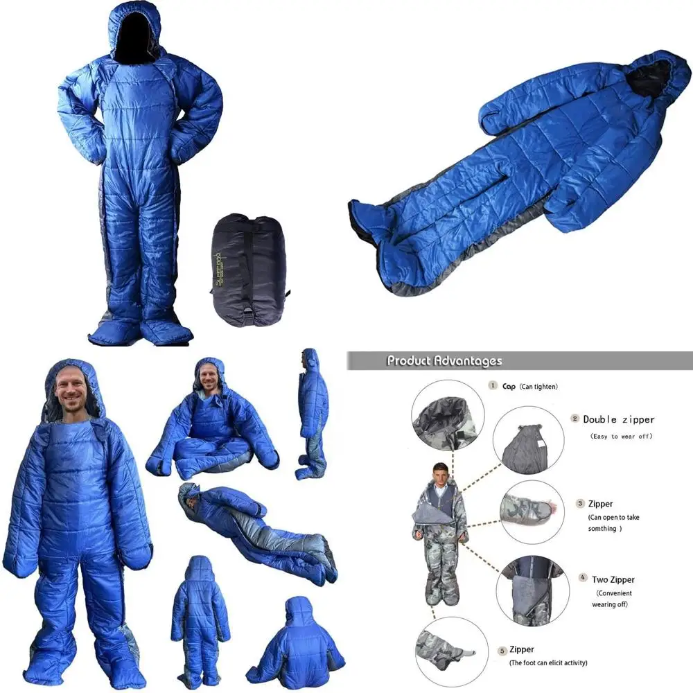 كيس نوم حراري مبطن خفيف الوزن للبالغين - هوديي كبير الحجم مع فتحة قدم بسحاب وتصميم دافئ