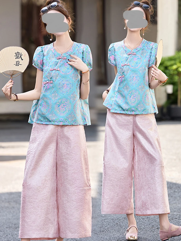 

New Chinese Style Blue Floral Print Women's Top And Pink Wide Leg Pants Two Piece Set Summer Trendy Commute Style Casual Wear