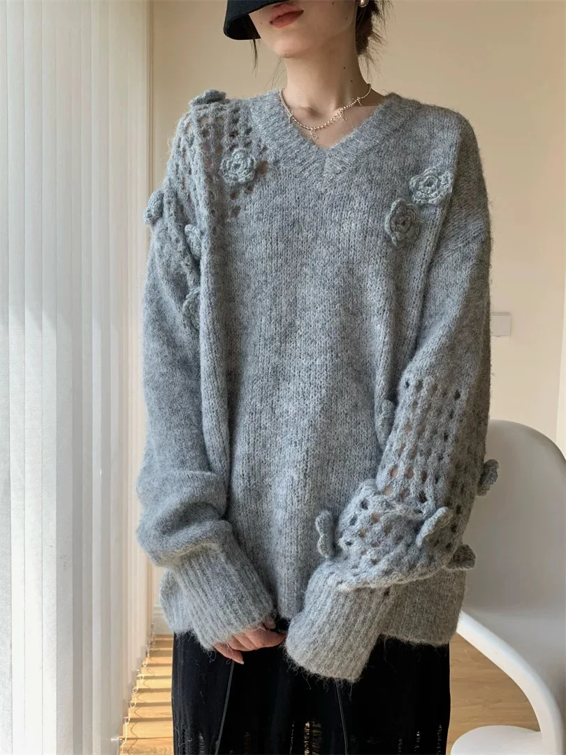 Korean Fashion Knitted Wool Sweater Women's Autumn Winter New Loose V Neck 3D Flower Pullovers Soft Long-Sleeved Knitwear Tops