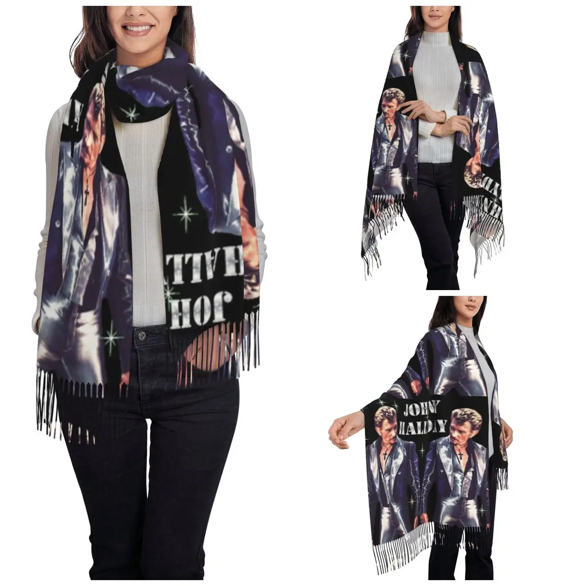 Women's Tassel Scarf Johnny Hallyday Rock Music French Singer Large Winter Fall Shawl Wrap Gifts Pashmina Scarves