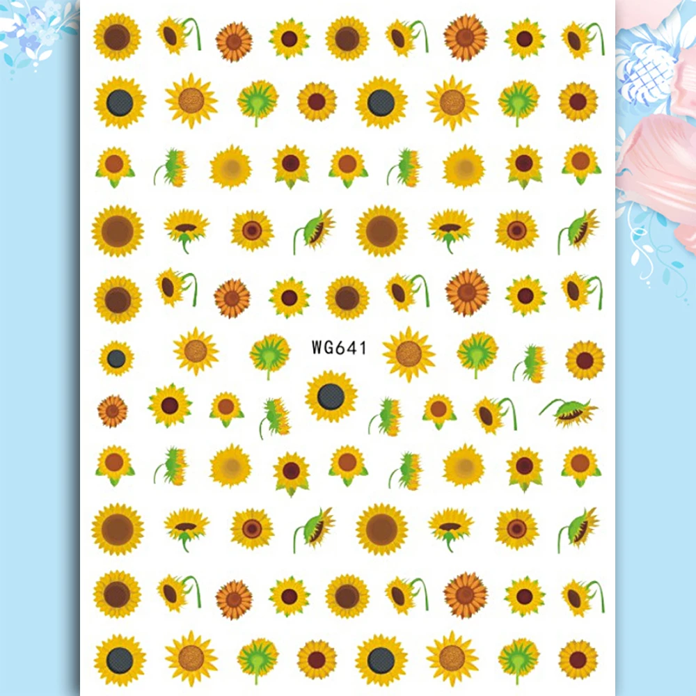 10PCS Summer Flower Series Nail Stickers DIY Sunflower Self-Adhesive Nail Slider 3D Clover Nail Art Beauty Decor Decal