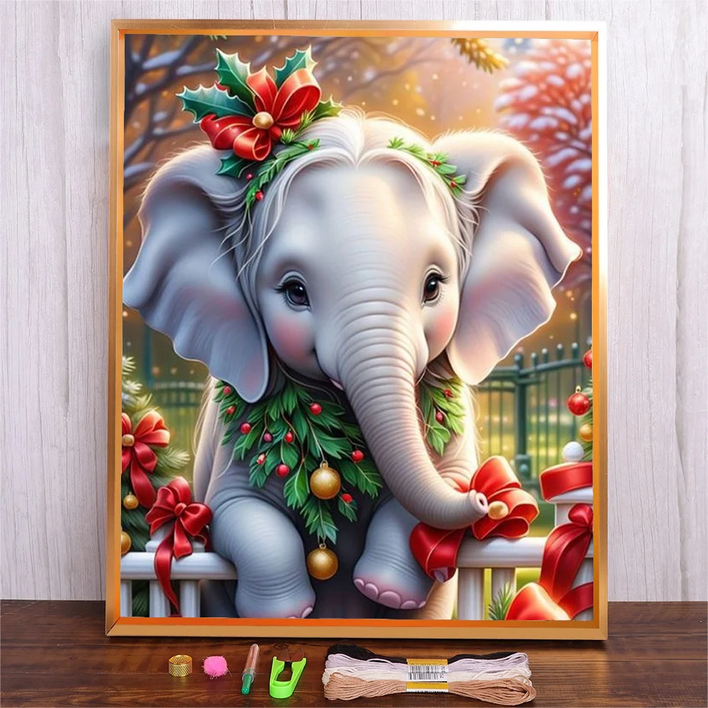 Christmas Elephant Full Printed Cross Embroidery Kit Cartoon Pattern Design 14ct 11ct Canvas Cross-stitch DIY Needlework Gift