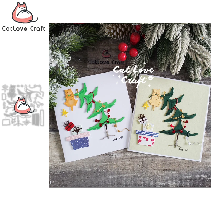 Catlove Christmas Tree Gifts Cat Metal Cutting Dies Scrapbooking Stencil Die Cuts Card Making DIY Craft Embossing New Dies For