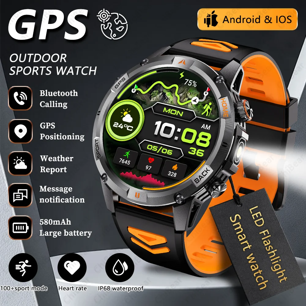 

2025 Military Outdoor Men's Smartwatch Flashlight GPS Motion Track Heart Rate Bluetooth Call IP68 Waterproof Fitness Smart Watch