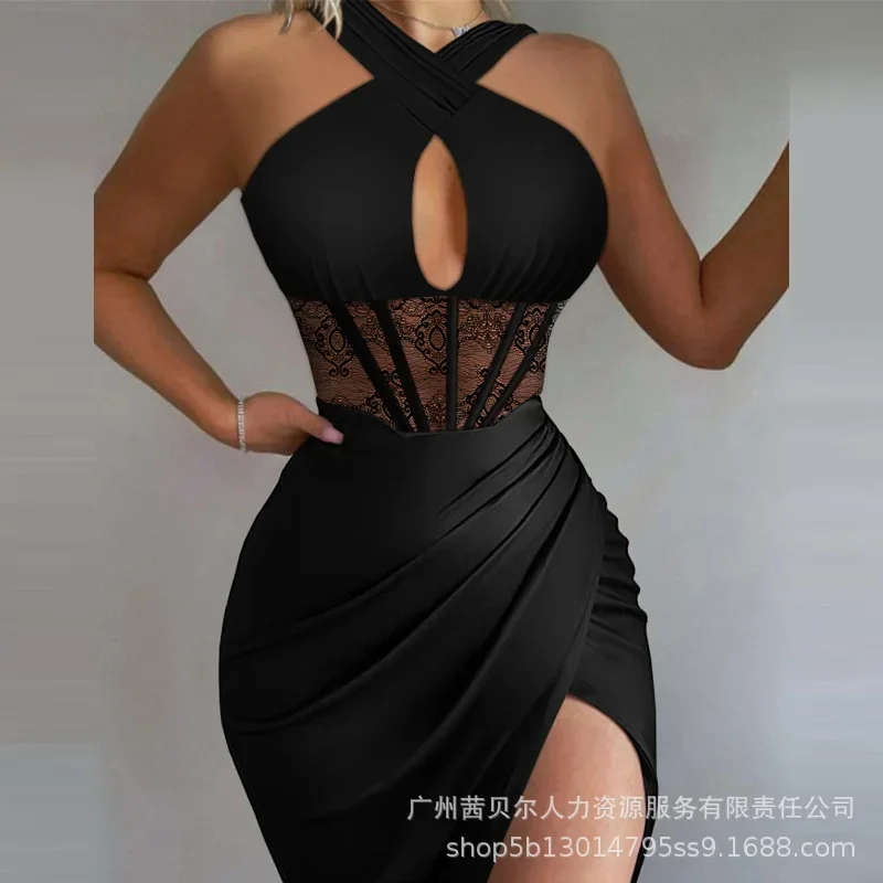 New Women's Clothing Solid Color Satin Tight Mini Bodycon Dress Sleeveless Halter Neck Fashion Sexy Hollow Out Dress