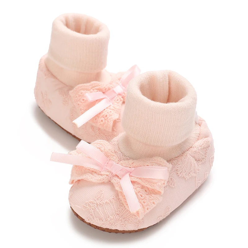 Autumn Winter Newborn Baby Socks And Shoes Set 0-18M Cute Lace Border Decoration Bow Design Soft Cotton Footwear for Infants
