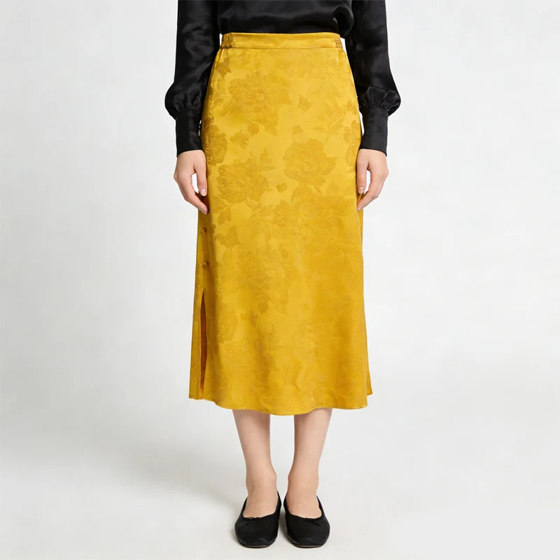 Women's Fashion New 35MM 100% Natural Mulberry Silk Jacquard Satin Bag Hip Buckle Split Solid Color Straight Tube Skirt