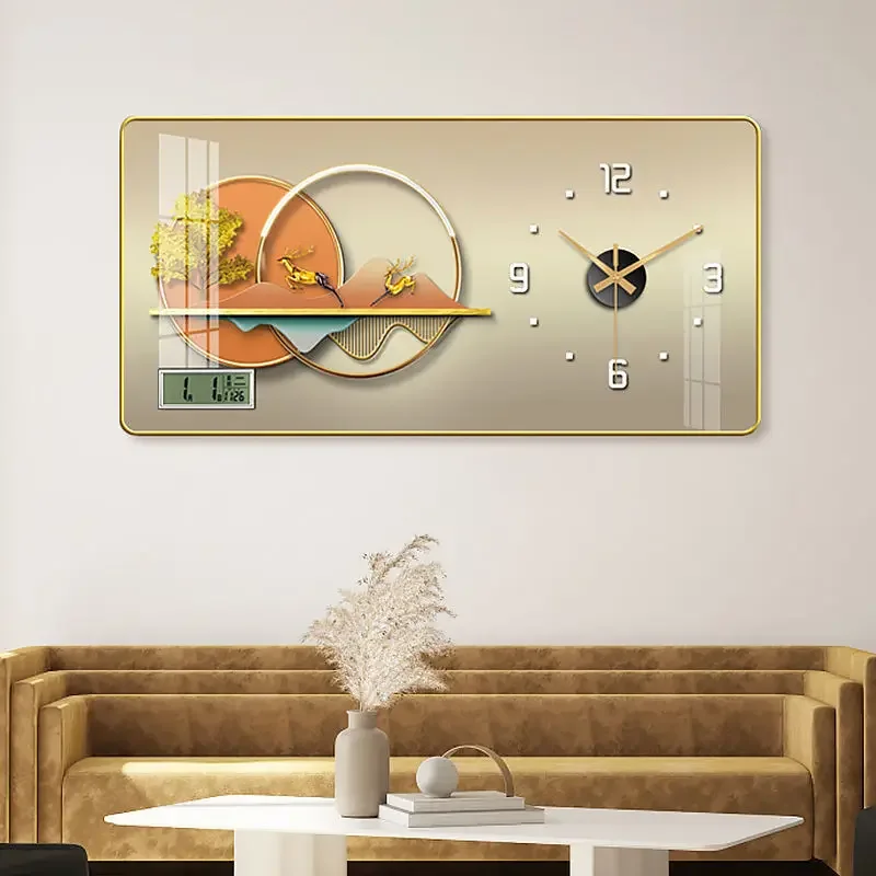 New clock with calendar temperature living room wall simple modern light luxury punch-free clock wall