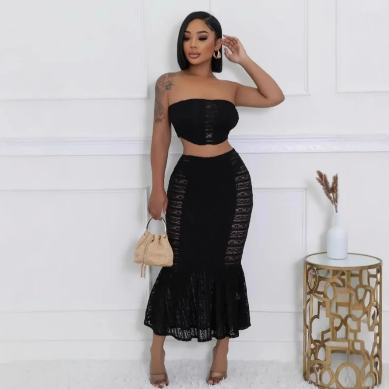 

KEXU Sheer Lace Summer Women Set Strapless Sweet Top + Hem Ruffles Long Skirts Suits Two 2 Piece Sets Party Evening Dress Set