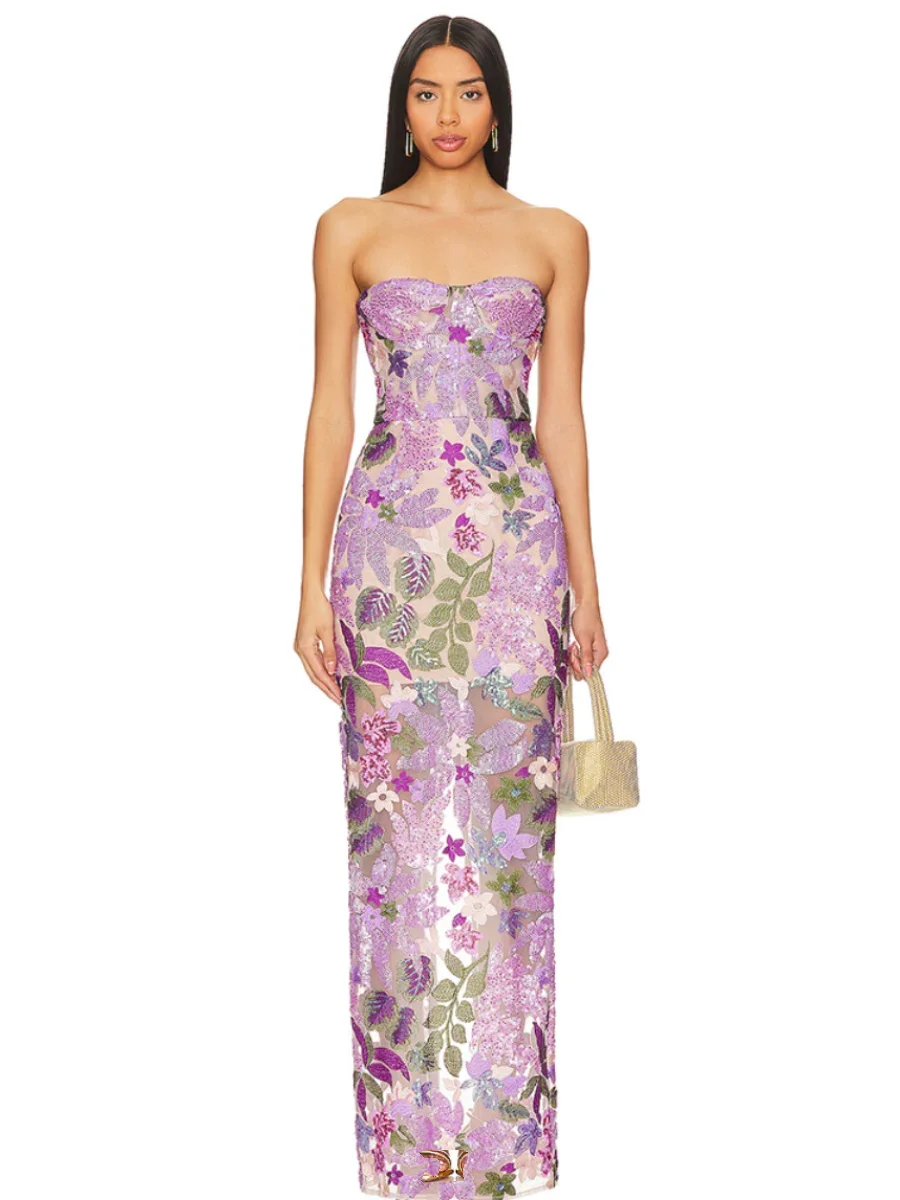 

Custom Luxury Purple Floral Sequin Embroidery Slim Backless Evening Gown Strapless Sheer Mesh Maxi Prom Party Dress With Slit