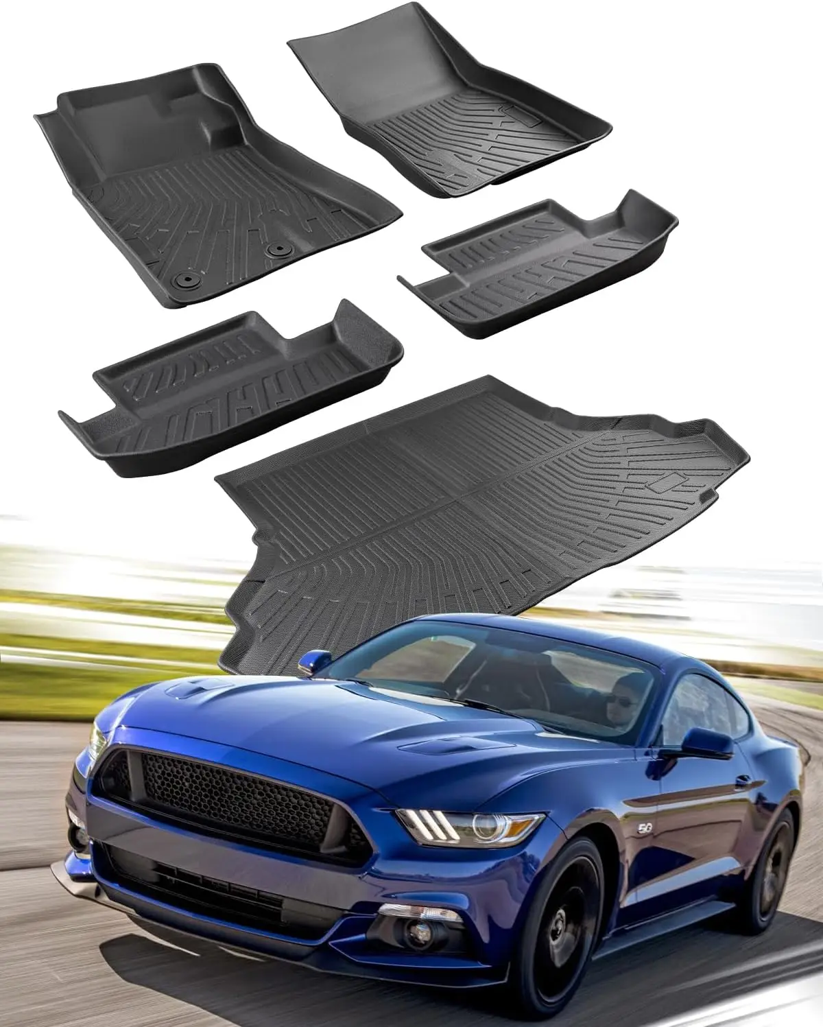 All-Weather Floor Mats and Cargo Liner for Ford Mustang (2015-2026, 5PCS Full Set, Not for Mach-E), TPE Material
