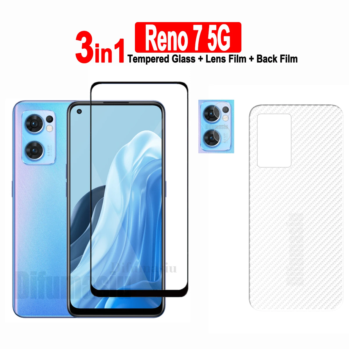 

3in1 For OPPO Reno 7 5G Tempered Glass Full Screen Protector + Camera Lens Film + Carbon Fiber Back Film