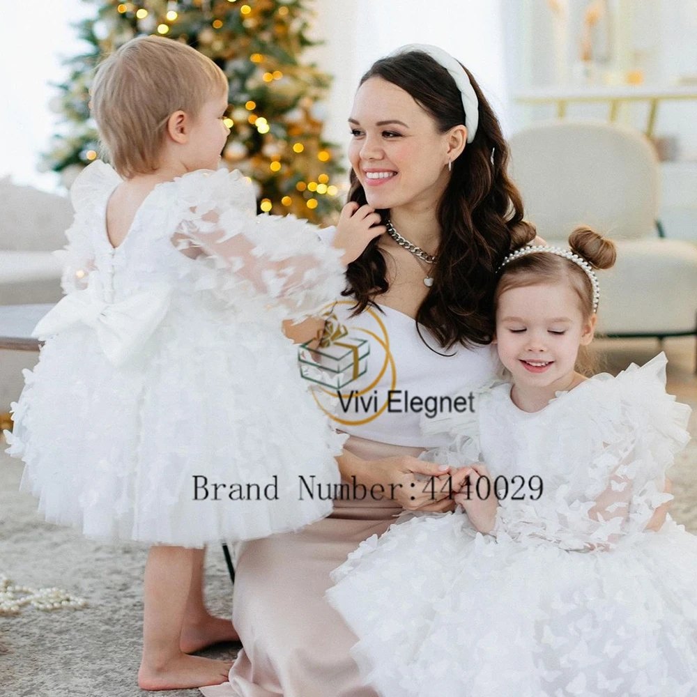 Vestidos blancos de flores con encaje para niñas, vestidos de fiesta de boda de línea A, manga larga, cremallera trasera, 2024