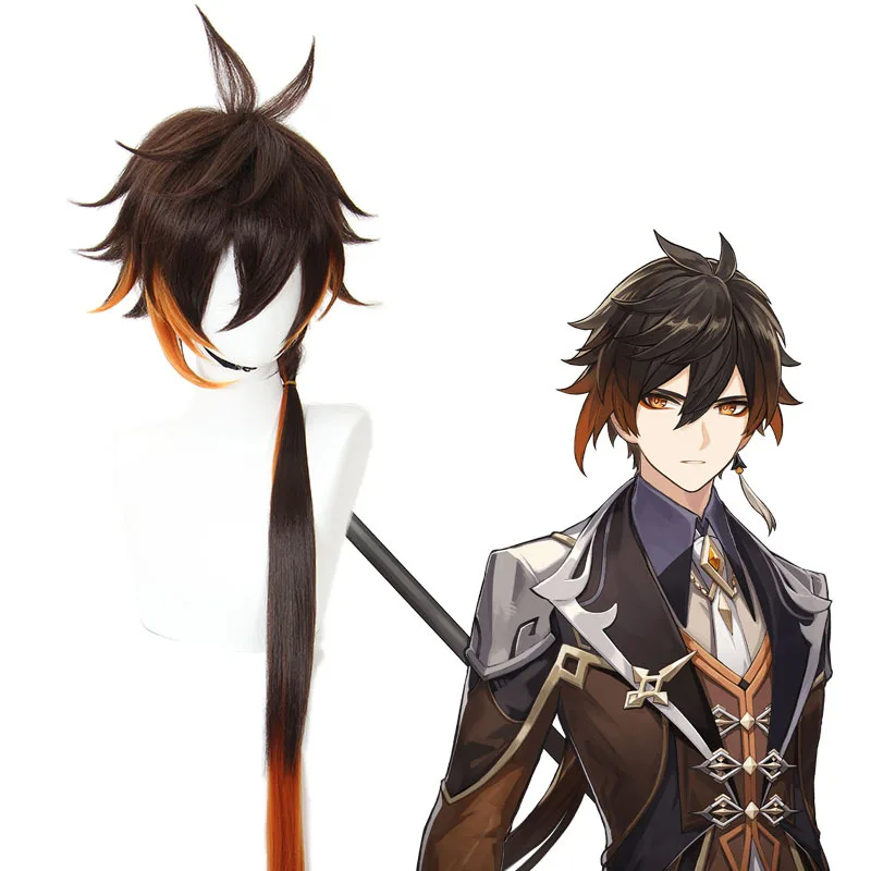 Xiu Dan Genshin Impact Zhongli Cosplay peluca marrón a naranja gradiente 90cm juego pelo 466A