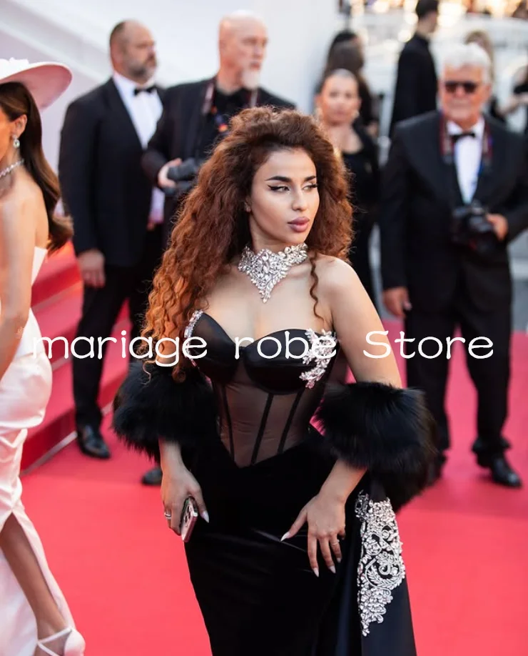 فساتين المشاهير طويلة حورية البحر باللون الأسود مع كيب التفاف قطعة العاج سباركلي زين كان السجادة الحمراء ثوب الزي حسب الطلب #4