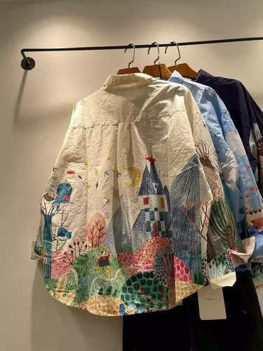 Imagen 2 del producto Busto 118cm diseño original camisas de gran tamaño de algodón puro para mujer otoño moda japonesa camisas con estampado de dibujos animados blusas de manga larga