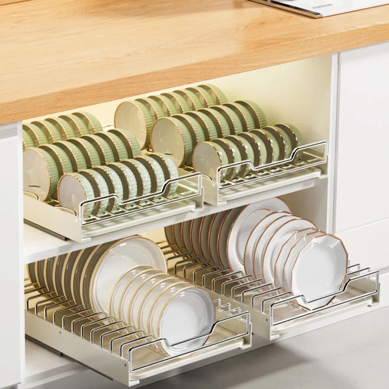 Heavy Duty Pull-Out Dish Tray Rack Drawer Bowl Dish Storage for Pantry Shelves Cabinet Organizer Kitchen Cabinet